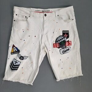 Imperious Mens White Paint Splatter Denim Shorts Military Patches Slim Fit 38